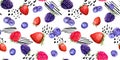 Mix of summer fruits and berries raspberry, strawberry, blackberry, blueberry . Seamless food pattern with lines, dots -