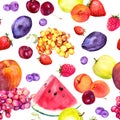 Mix of summer fruits and berries. Seamless food pattern. Watercolor Royalty Free Stock Photo