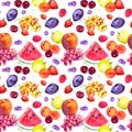 Mix of summer fruits and berries. Seamless food pattern. Watercolor Royalty Free Stock Photo