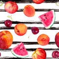 Mix of summer fruits and berries. Seamless fruit pattern with ink lines. Watercolor Royalty Free Stock Photo