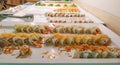 Mix of sushi buffet and rolls, Japanese traditional food, Dishes from raw fish in restaurant Royalty Free Stock Photo