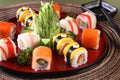 Mix Sushi roll set in wood dish Royalty Free Stock Photo