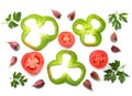 mix sweet bell pepper, garlic, parsley and sliced tomato isolated on white background top view Royalty Free Stock Photo