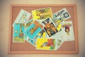 Mix of tarot card on the cork board in vintage tone Royalty Free Stock Photo