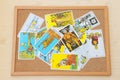 Mix of tarot cards on the cork board. Royalty Free Stock Photo