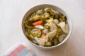 Mix of Turkish Pickles with Hot Green Pepper, Cabbage, Sauerkraut, Carrot and Cucumber in Bowl. Royalty Free Stock Photo