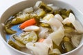 Mix of Turkish Pickles with Hot Green Pepper, Cabbage, Sauerkraut, Carrot and Cucumber in Bowl. Royalty Free Stock Photo