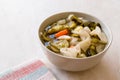 Mix of Turkish Pickles with Hot Green Pepper, Cabbage, Sauerkraut, Carrot and Cucumber in Bowl. Royalty Free Stock Photo