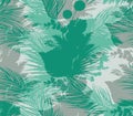 Mix of turquoise tropical silhouettes in a seamless textile pattern with tropical leaves and branches