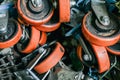 A mix variety garbage of used old rustic mechanic iron and plastic part in the hazy dim factory shallow focus. Royalty Free Stock Photo