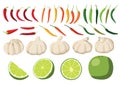 mix vegetable fresh and garlic,chilli,lemon,isolated,on white background