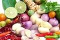 Mix of vegetable ingredients for Thai food Tom Yum, garlic, onion,pepper,galangal, kaffir lime leaves,lemon,lemon grass,tomato Royalty Free Stock Photo