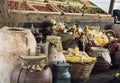 Mix of vegetables in wooden containers and wicker baskets with c Royalty Free Stock Photo