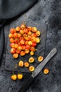 Mix of yellow and red ripe cherries. Black background. Top view Royalty Free Stock Photo