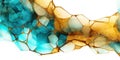 Mixed Abstract Art of Watercolor Cyan and Gold Color Wavy and Curve Alcohol Ink on White Background
