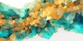 Mixed Abstract Art of Watercolor Cyan and Gold Color Wavy and Curve Alcohol Ink on White Background