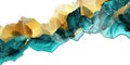 Mixed Abstract Art of Watercolor Cyan and Gold Color Wavy and Curve Alcohol Ink on White Background