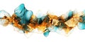 Mixed Abstract Art of Watercolor Cyan and Gold Color Wavy and Curve Alcohol Ink on White Background