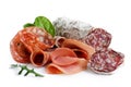 Mixed air cured sliced meats isolated on white.