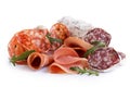 Mixed air cured sliced meats isolated on white.