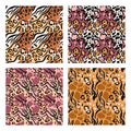 Mixed animal skin motifs pattern. Fusion fur print, safari mix texture and wild nature fashion seamless background set Royalty Free Stock Photo