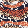 Mixed animal skin print. Safari textures mix, leopard, zebra and tiger skins patterns. Luxury animals texture seamless Royalty Free Stock Photo