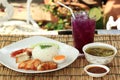 Mixed BBQ over the steam rice and Fruit Juice Royalty Free Stock Photo