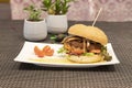 Mixed beef and chicken burger with stewed onion, tomato and lettuce