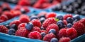 Mixed Berries in Blue Carton. Blueberries and Raspberries Pile. Healthy Vegetarian Nutrition. Generative AI Royalty Free Stock Photo