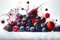 Mixed berries, blueberries, and a glass of water being splashed