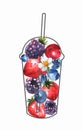 Mixed berries in a clear cocktail glass with a straw. Set of berries strawberry, blueberry, cherry, BlackBerry for the