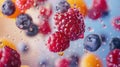 Mixed berries fly towards the camera in slow motion, splashing water and juice. Brightly colored background.