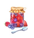 Mixed berries jam strawberry, raspberry, blueberry in glass jar with berries and spoon. Water color