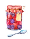 Mixed berries jam strawberry, raspberry, blueberry in vintage glass jar with spoon and empty paper label. Watercolor Royalty Free Stock Photo