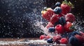 Mixed berries with powdered sugar explosion Royalty Free Stock Photo