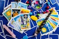 Mixed blue tarot cards with a magic ball and wand. Royalty Free Stock Photo