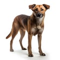 Mixed breed dog standing and looking at camera isolated on white background