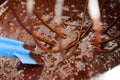 Mixed chocolate with flour and eggs preparing for bake chocolate Royalty Free Stock Photo