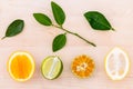 Mixed citruses fruit oranges, lemon and lime on wooden background with orange leaf. Royalty Free Stock Photo