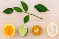 Mixed citruses fruit oranges, lemon and lime on wooden background with orange leaf. Royalty Free Stock Photo