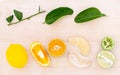 Mixed citruses fruit oranges, pomelo , lemon and lime on wooden Royalty Free Stock Photo