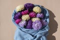 Mixed colorful flowers in cotton blue sweater. Creative minimalistic flowers. Concept of holiday celebrating present and
