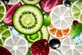 Mixed colorful sliced fruits background