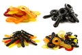Mixed colorful tasty jelly sweets and black sweet liquorice