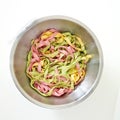 Mixed 3 colors pastas ready to eat - Green, Yellow, Pink colors Royalty Free Stock Photo