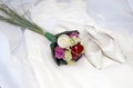 Mixed colour roses bouquet,white shoes and wedding dress Royalty Free Stock Photo