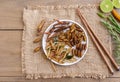 Mixed of crispy worm and insects in a ceramic bowl with chopsticks on a wood table. The concept of protein food sources from Royalty Free Stock Photo