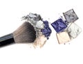 Mixed crushed make up eyeshadow box with brush. Isolate on white Royalty Free Stock Photo