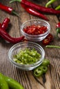 Mixed cutted Chilis (red and green) Royalty Free Stock Photo