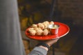 Mixed deep fried appetizer with chili sauce and mustard dip. Deep fried snacks for beer. Served on a red plate.